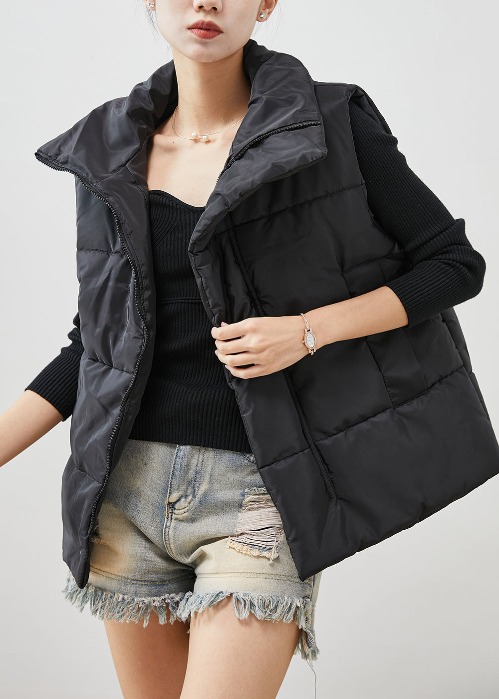 Black Oversized Pockets Fine Cotton Filled Vest Winter