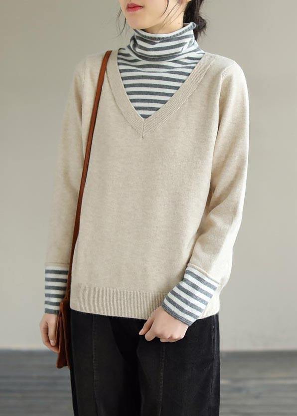 Comfy Beige Blouse Patchwork High Neck Spring Knitted Blouse