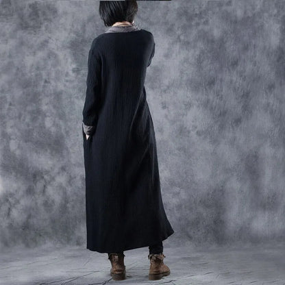 Black Grey V Neck Pockets Patchwork Fall Knit Long Sleeve Dress