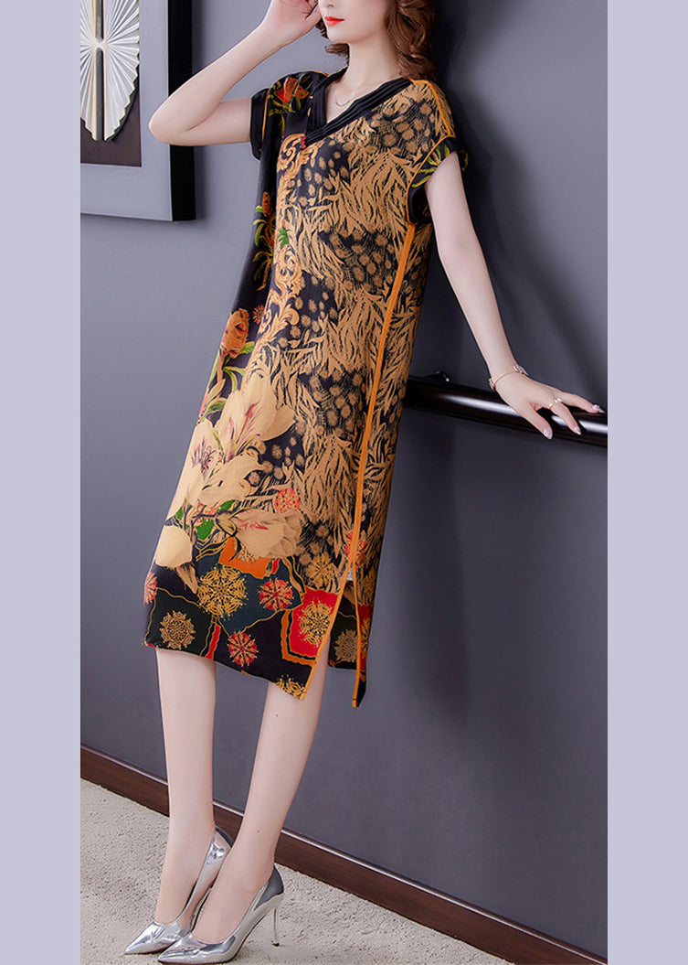 Boutique Khaki Print V Neck Side Open Silk Dress for Mother Short Sleeve