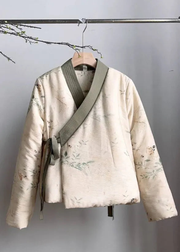Beige V Neck Lace Up Fine Cotton Filled Coats Spring