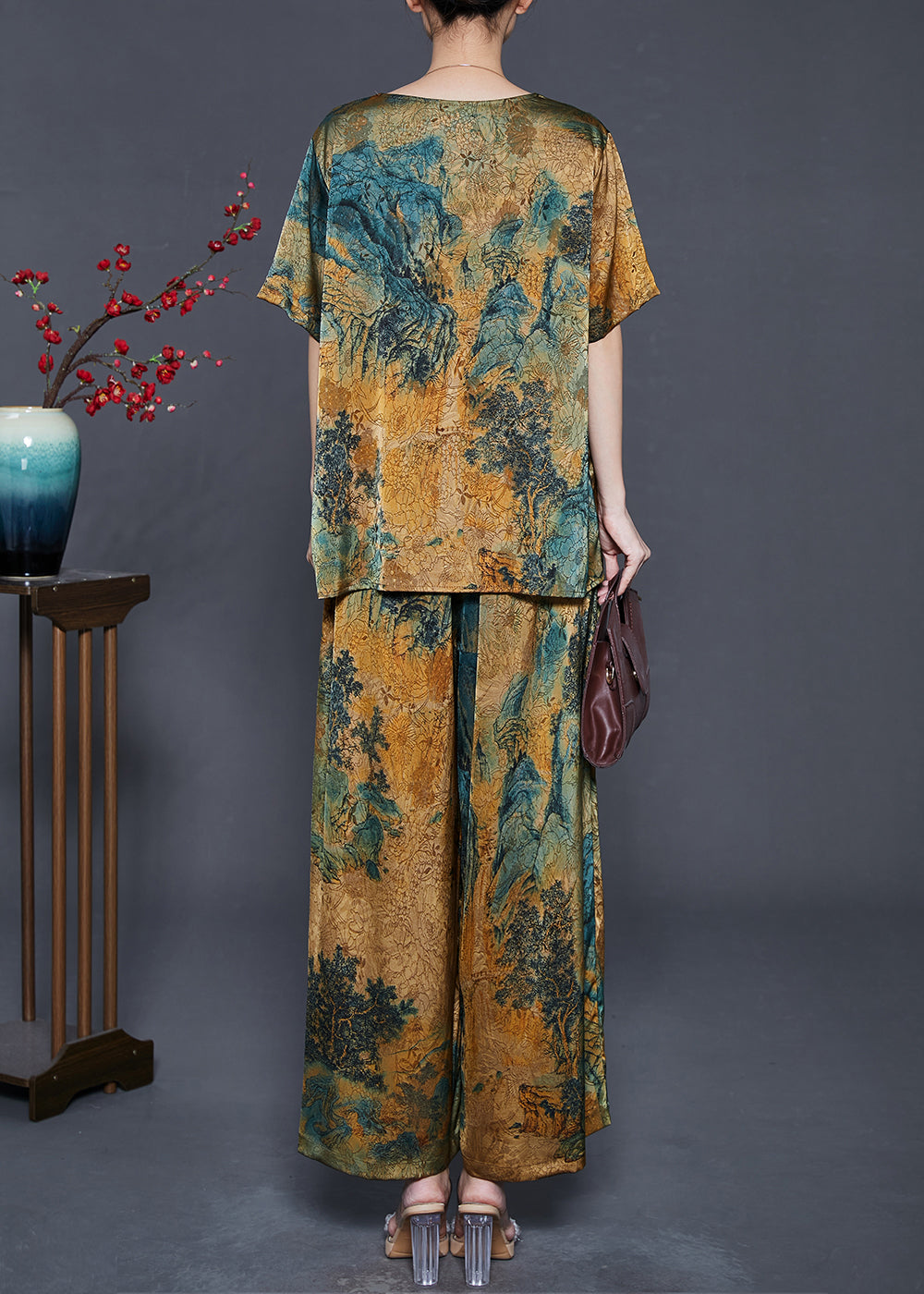 Boutique V Neck Print Silk Sets 2 Piece Summer