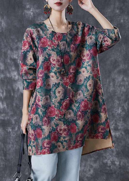 Red Print Side Open Linen Mini Dresses Fall