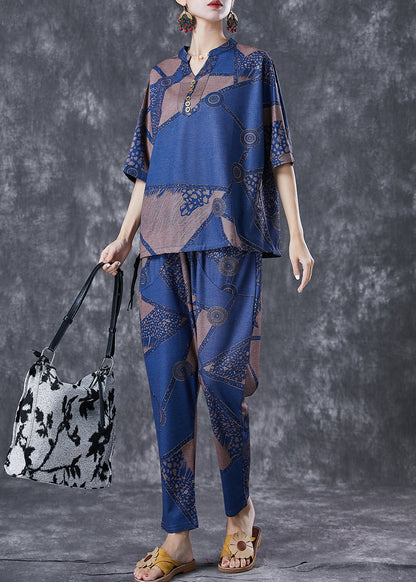 Blue V Neck Print Cotton Two Piece Set Outfits Summer