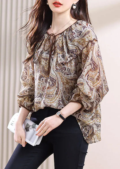 Lace Up Print Patchwork Chiffon Top Fall