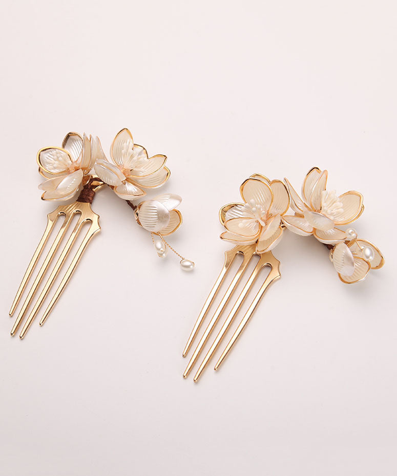 Gold a Pair Alloy Acrylic Pearl Lotus Hairpin