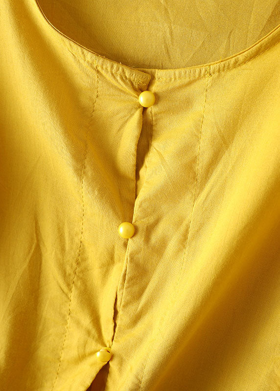Yellow O-neck Patchwork Wrinkled Cotton Shirt Bracelet Sleeve