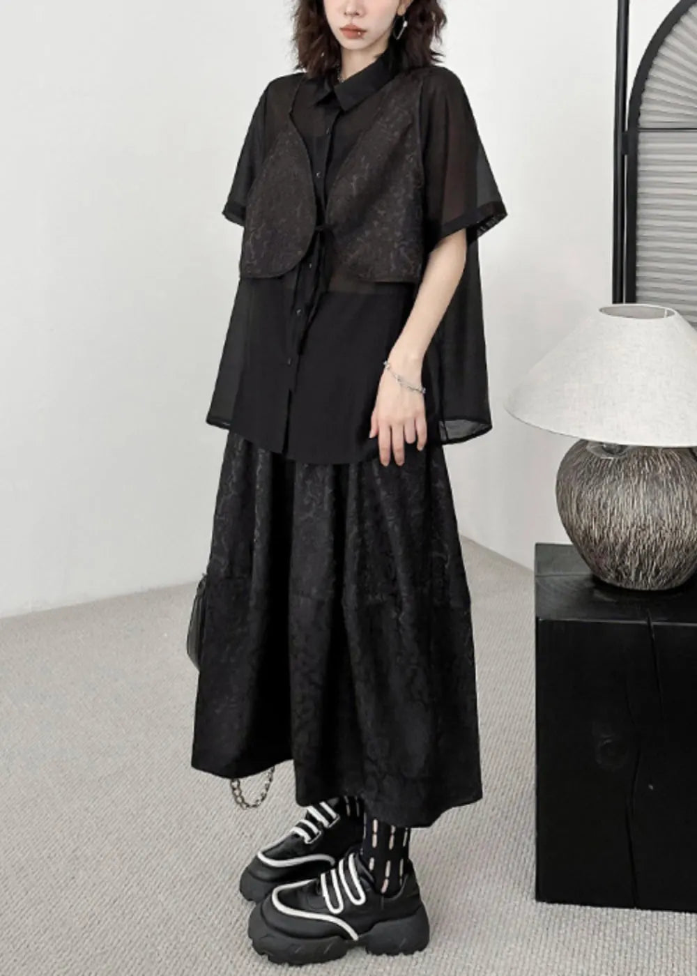 Black Jacquard Lace Up Patchwork Silk Cotton Two Piece Set Summer