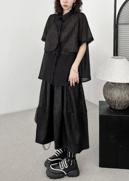 Black Jacquard Lace Up Patchwork Silk Cotton Two Piece Set Summer
