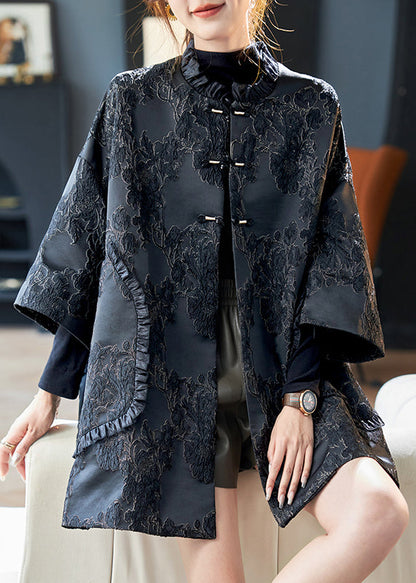 Jacquard Black Ruffled Button Pockets Silk Coats Bracelet Sleeve