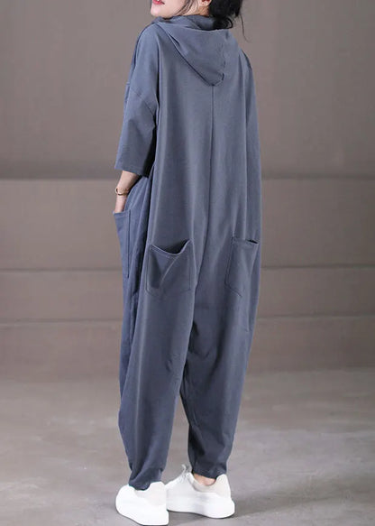 Loose Grey Hooded Pockets Color Button Cotton Jumpsuit Short Sleeve
