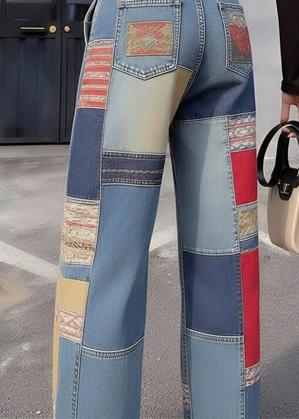 Blue Pockets Patchwork High Waist Wide Leg Jeans