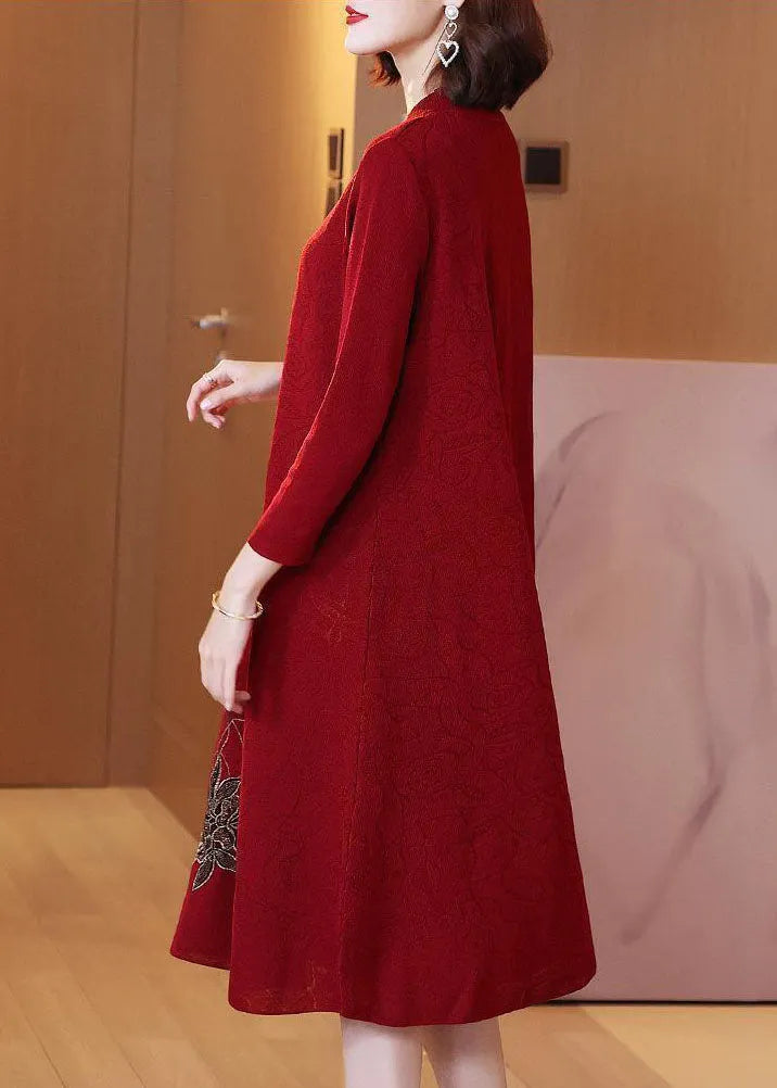 Stylish Red O-neck Embroideried Knit Sweater Dress Spring