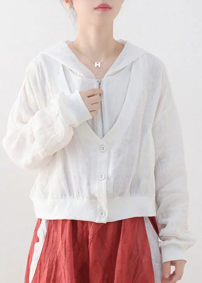 White Linen Fake Two Piece Coats Zip Up Batwing Sleeve