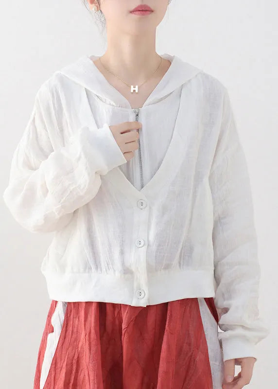 White Linen Fake Two Piece Coats Zip Up Batwing Sleeve