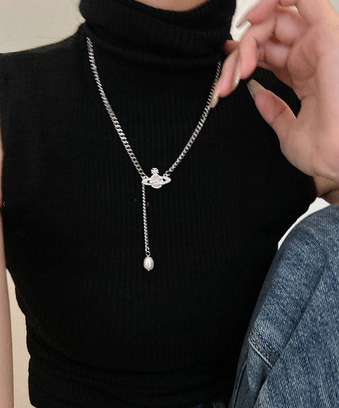 Silk Stainless Steel Pearl Tassel Pendant Necklace