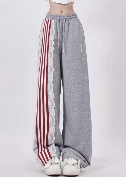 Black Pockets High Waist Lace Up Patchwork Pants Fall