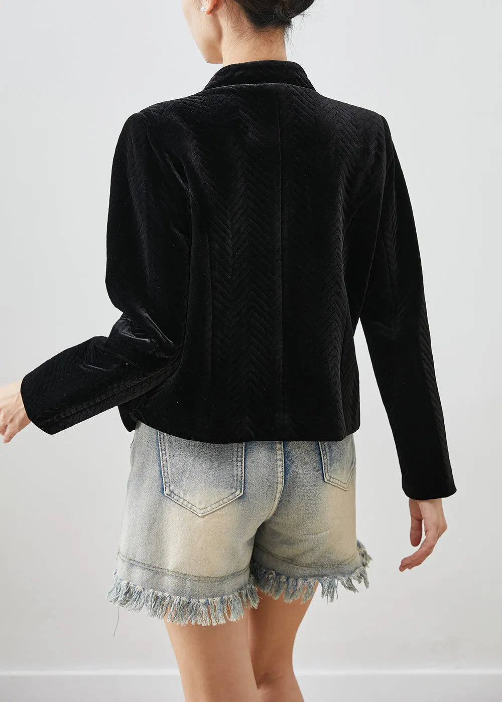 Black Tasseled Metal Buttons Silk Velour Jacket Fall