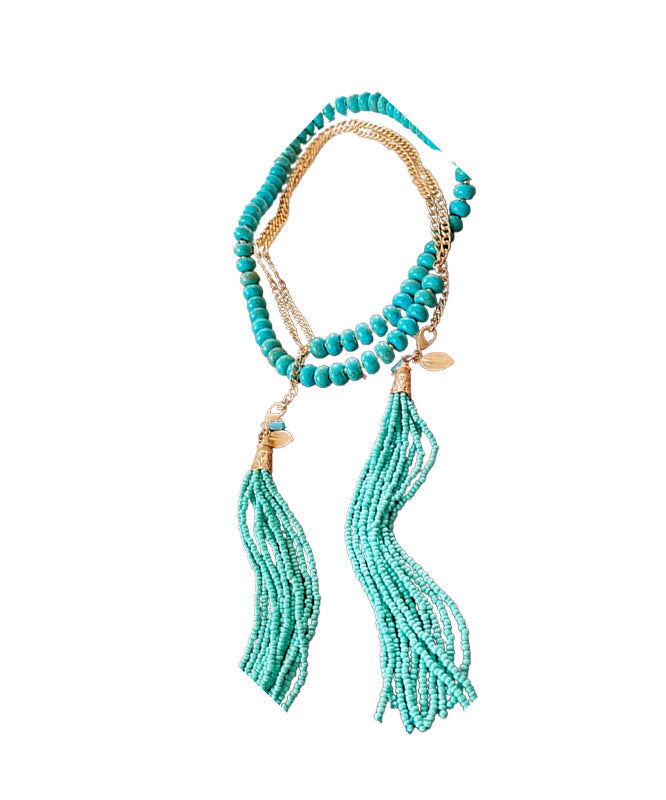 Gold Alloy Turquoise Beading Tassel Gratuated Bead Necklace