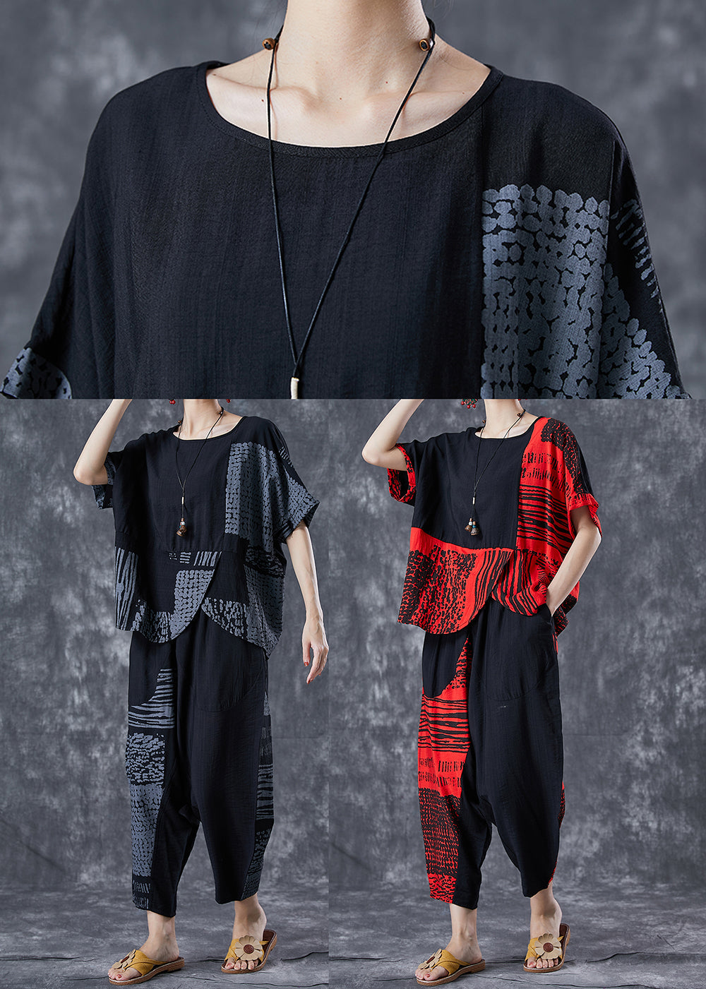 Grey Asymmetrical Patchwork Cotton 2 Piece Outfit Summer