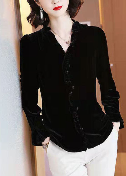 Simple Black V Neck Ruffled Velour Top Long Sleeve