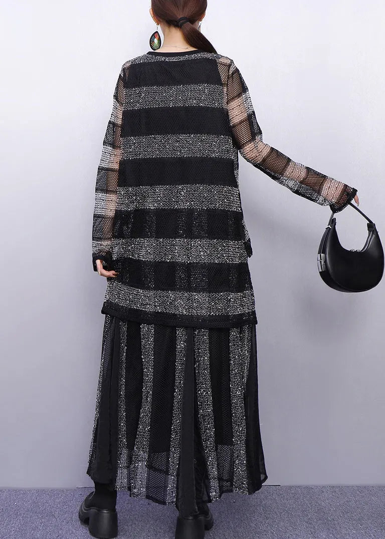 Heer Elegance Black and Silver Striped Knit Two Pieces Set