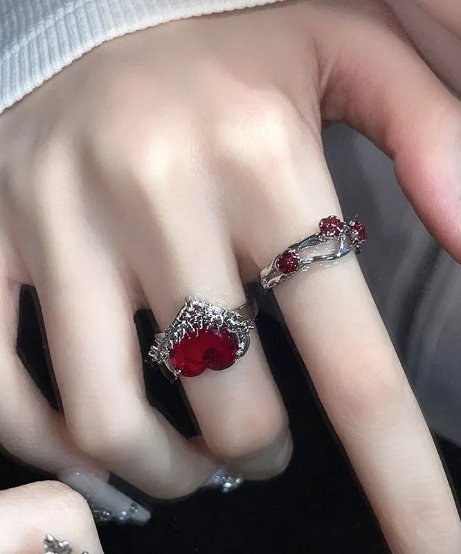 Diy Red Stainless Steel Zircon Rose and Love Rings Two Piece Set