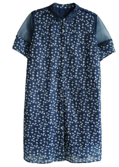 Modern Navy Peter Pan Collar Button Patchwork Tulle Summer Dresses Short Sleeve