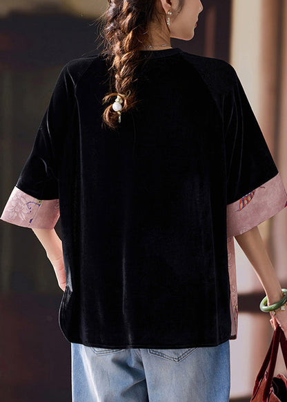 Pink Patchwork Cotton Oriental Tanks Butterfly Print Half Sleeve