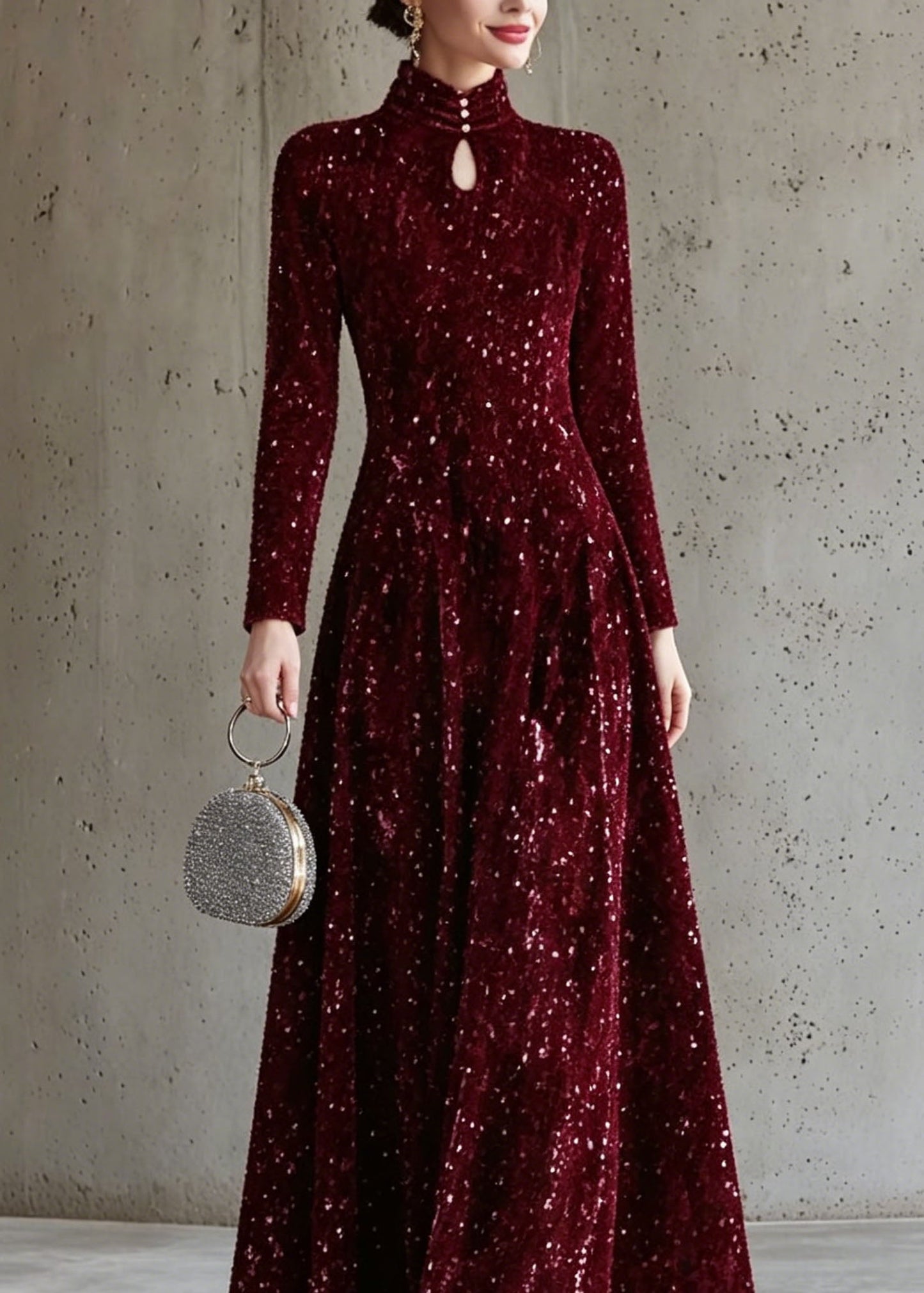 Italian Mulberry Stand Collar Sequins Maxi Dress Long Sleeve