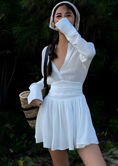 French White V Neck Shirt and Skirts Two Piece Set Fall