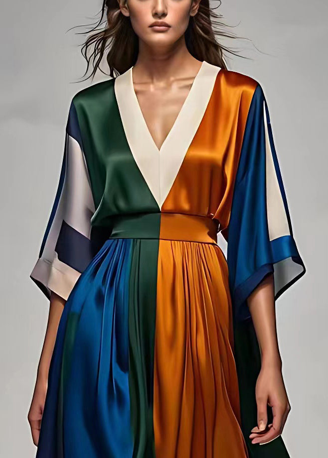 Italian V Neck High Waist Patchwork Silk Maxi Dress Half Sleeve (ships in 24hrs)