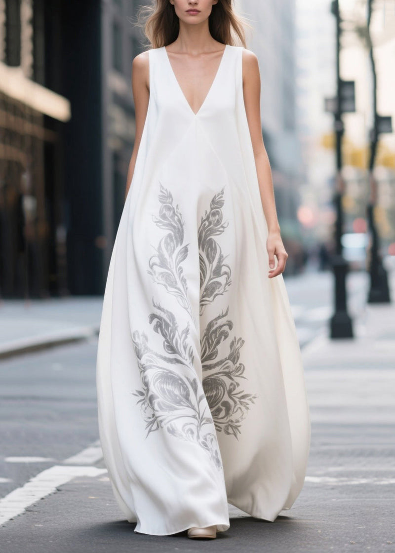 White Oversized Print Chiffon Holiday Dress Sleeveless