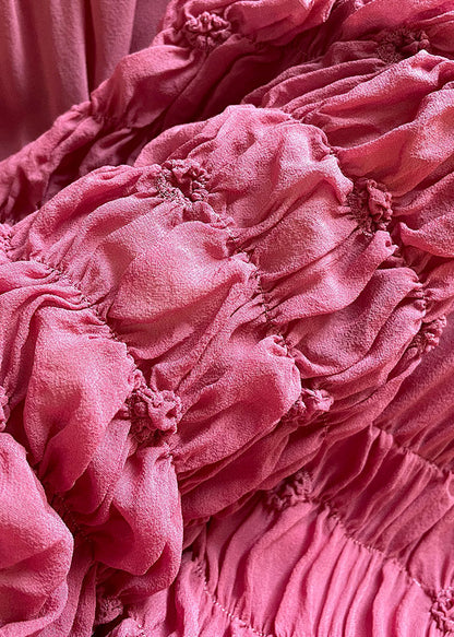 Italian Rose O-neck Wrinkled Silk Long Dresspuff Sleeve