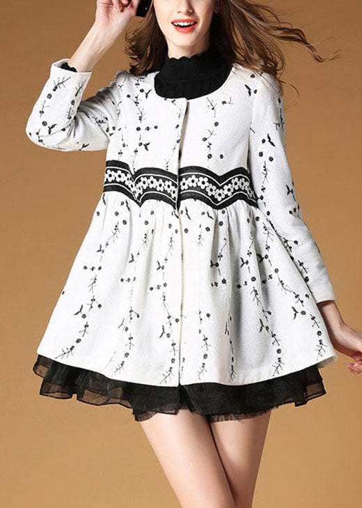 White Embroideried Patchwork Print Fall Woolen Coats