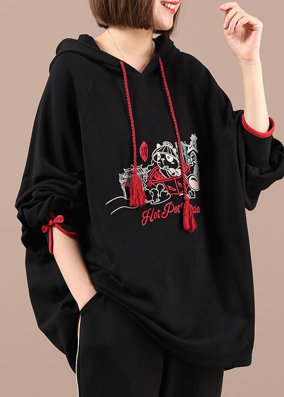 Black Hooded Embroideried Drawstring Fall Loose Sweatshirts Top