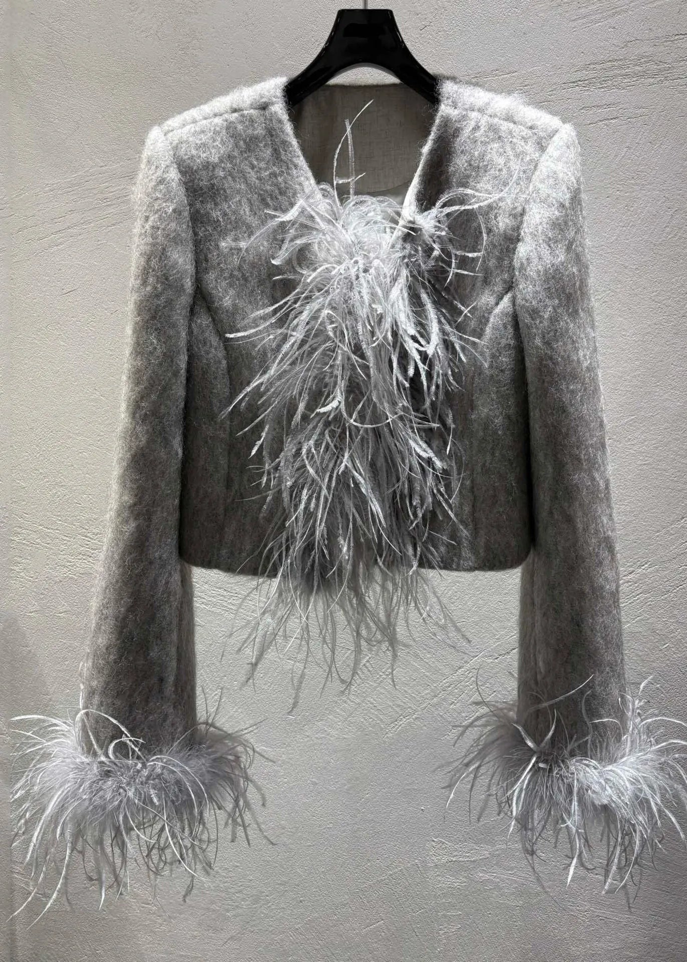 Grey Feather Patchwork Wool Coats Winter