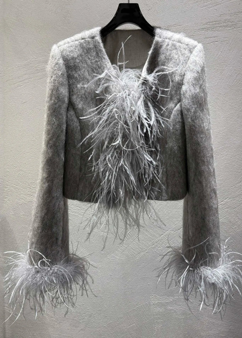 Grey Feather Patchwork Wool Coats Winter