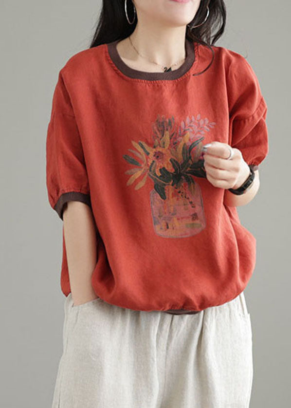 Red O-neck Patchwork Print Linen Tank Short Sleeve