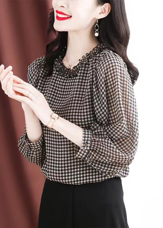 Boutique Black White Plaid O-neck Button Ruffled Silk Top Puff Sleeve
