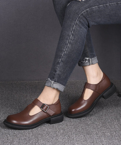 Black Cowhide Leather Simple Splicing Buckle Strap Flats