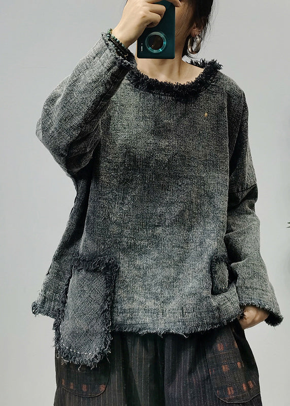 Unique Red O-neck Patchwork Linen Pullover Long Sleeve