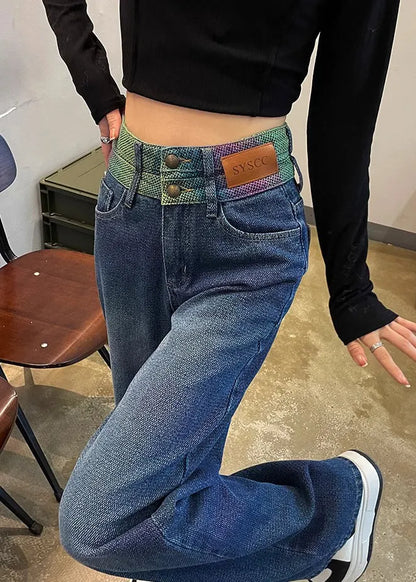 Black High Waist Patchwork Denim Straight Pants Spring