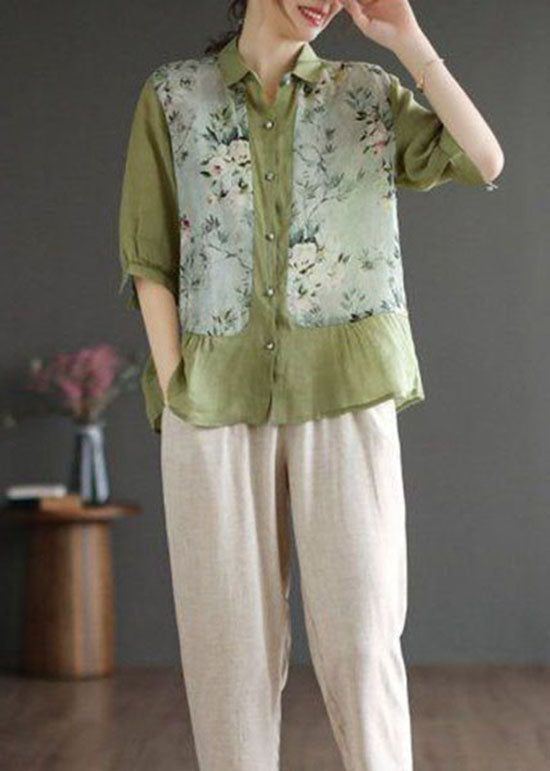 Green Peter Pan Collar Print Linen Top Summer
