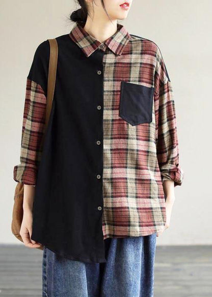 Loose Black Plaid for Lapel Patchwork Short Spring Top