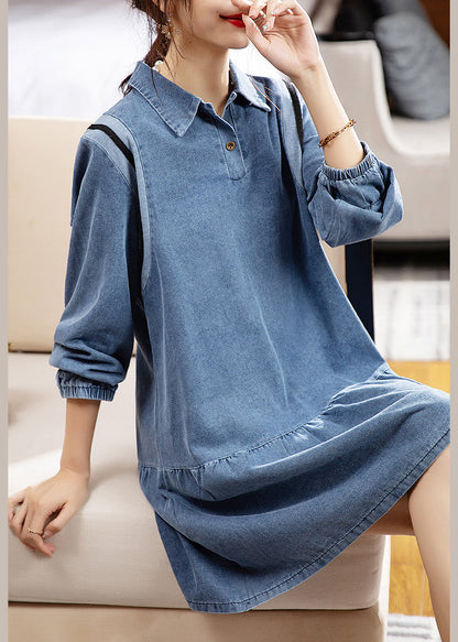 Loose Blue Peter Pan Collar Patchwork Denim Mid Dress Spring