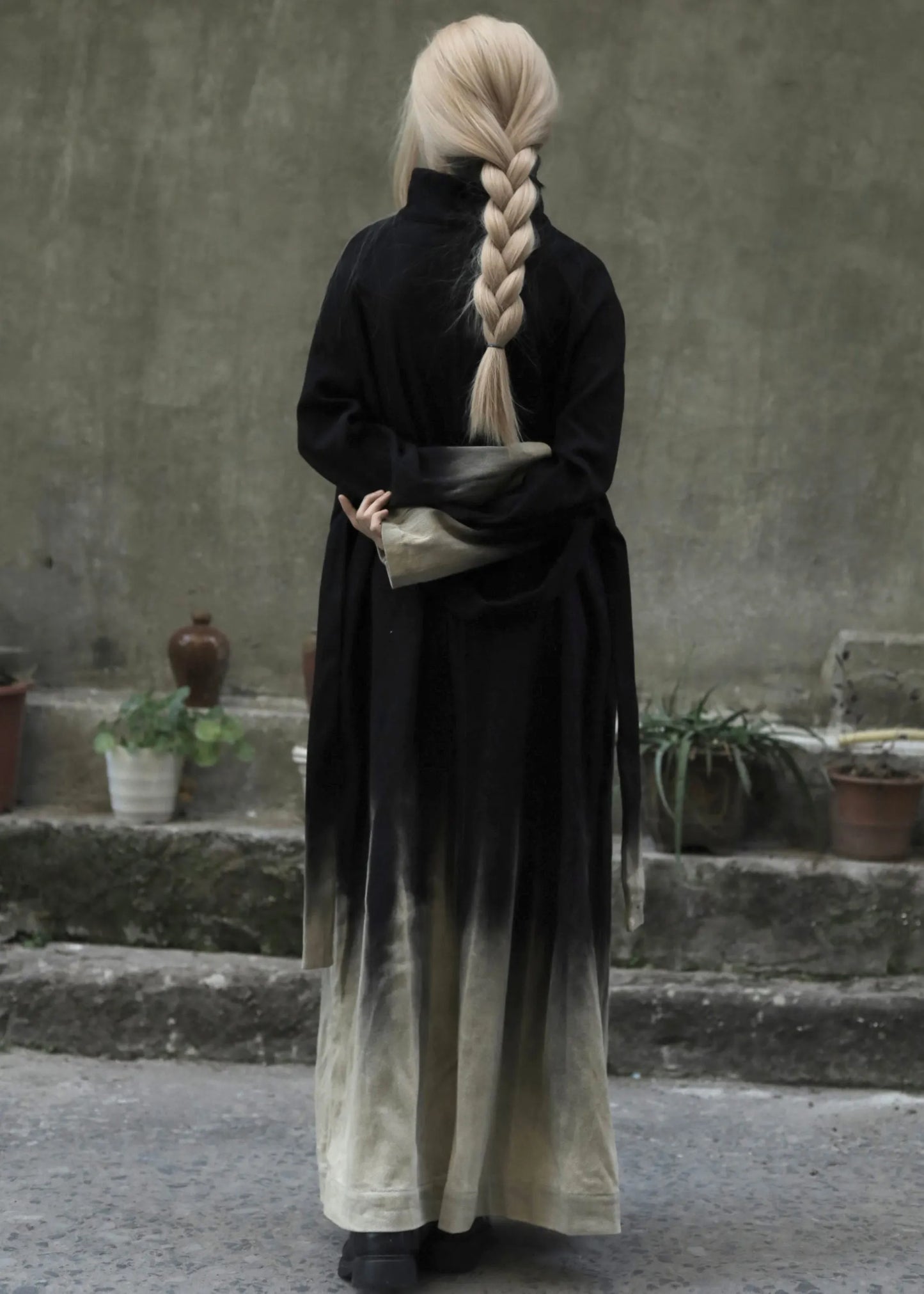 Gradient Color Tie Waist Pockets Denim Long Coats Long Sleeve Spring