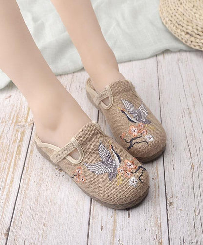 Khaki Embroideried Linen Fabric Slippers Shoes