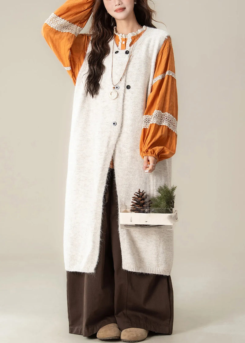 Apricot Button Cotton Knit Long Sweaters Dress ,top and Wide Leg Pants Three-piece Set Spring