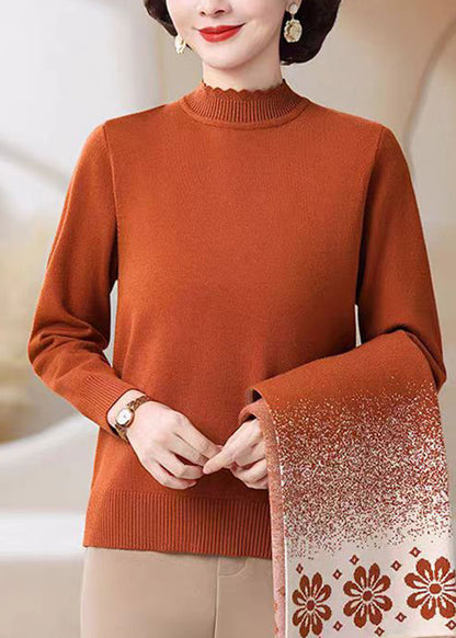 Orange Stand Collar Button Cotton Knit Cardigans and Sweater Two-piece Set Fall